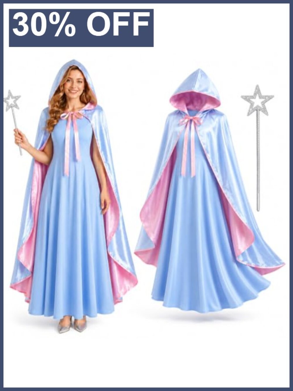 Womens Fairy Godmother Costume 3pc Hooded Cape Dress Magic Wand Cosplay
